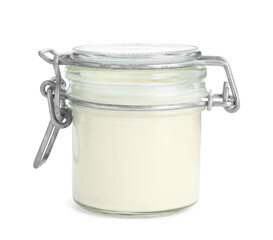 Fresh mayonnaise sauce in glass jar isolated on white