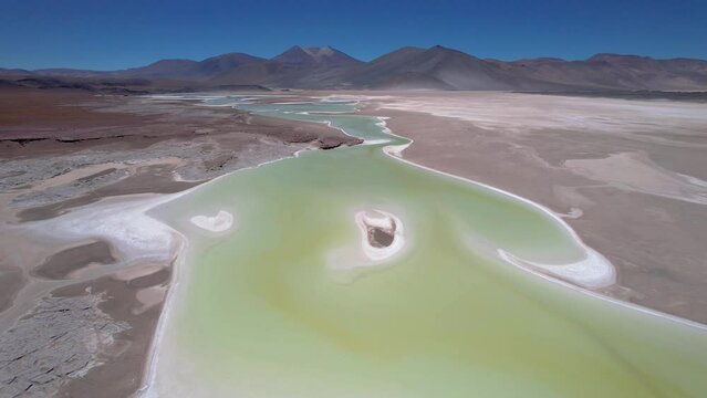 Beautiful aerial footage of the Atacama - Calama - Antofagasta Dessert and Salar - turquoise lagoon 
