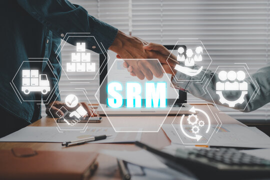 SRM, Sustainability Risk Management concept, Business team shaking hands, finishing up a meeting with sustainability risk management icon on virtual screen.