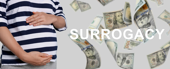 Surrogate mother under money shower on light background, closeup. Banner design