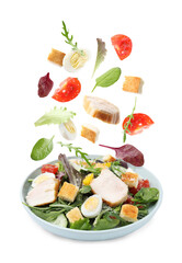 Ingredients falling into plate with tasty salad on white background