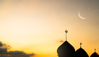 Musque Dome Night Building with Sky Moon Sunset Background Mubaruk Greeting Islam Ramadan Element...