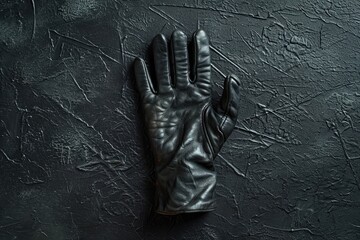 Single black leather glove on a dark textured surface