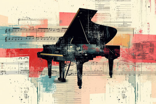 Classical music collage background abstract design with grand piano, piano keyboard,