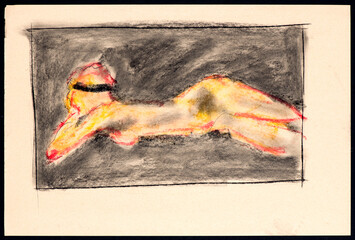 Charcoal and crayon on colored paper sketch capturing the grace and poise of a female model in a studio setting. An artistic drawing of the human form.
