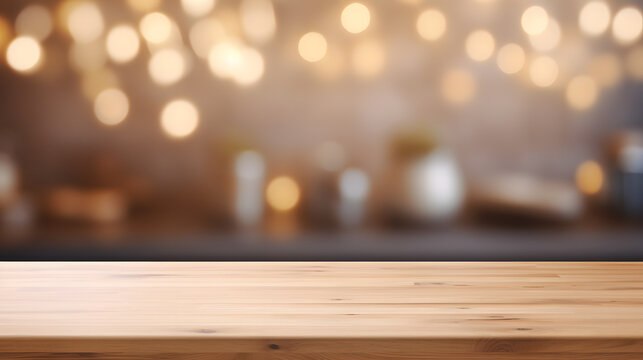 Empty beautiful wood table top counter and blur bokeh modern kitchen interior background in clean and bright,Banner, Ready for product montage. Generative AI illustration