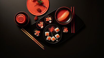 flat lay with soya sauce in bowl chopsticks and sushi on dark table - obrazy, fototapety, plakaty