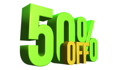 Green yellow 3d render label. 50% discount label on isolated transparent background, ready for promotion or advertising.