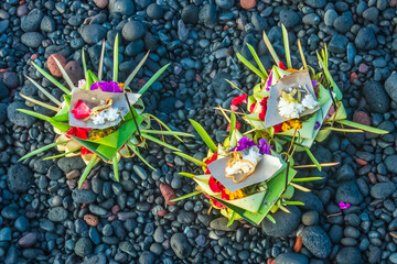 Traditional Balinese Hindu offerings to the gods called Canang sari.