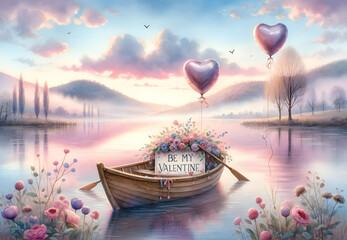 Small wooden rowboat is adorned with delicate flowers and heart-shaped balloons, floating gently on...