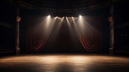 A vacant theatre stage with a single spotlight directed at the center  AI generated illustration