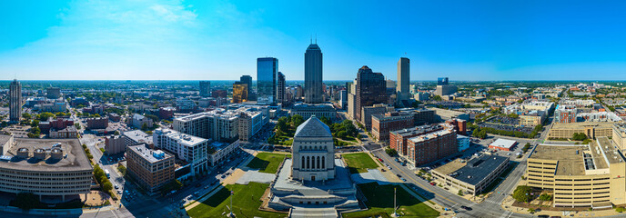 Aerial Panorama of Indianapolis Skyline with War Memorial and High-rises
