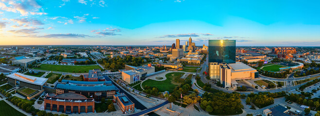 Aerial Panorama Indianapolis Skyline at Sunset with Stadium and Campus