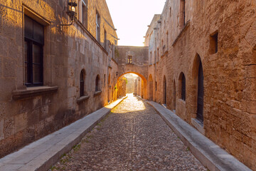 Old medieval street in the historical part of Rhodes.