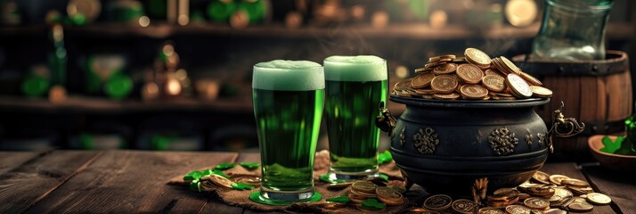 Happy St Patrick`s Day concept with cauldron of gold coins and Green beer pint. Patricks day shamrock clover, golden coins and green shamrock clover - obrazy, fototapety, plakaty
