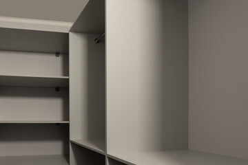 Stylish gray shelving from floor to ceiling. Many shelves. Furniture in a small dressing room