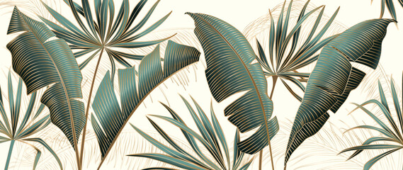 Luxury light art background with dark green tropical leaves in golden line art style. Botanical banner for decoration, print, textile, interior design, poster, packaging, wallpaper. - 706063204