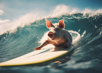 piglet surfing the wave
