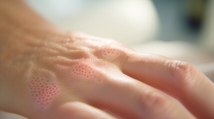Macro closeup of a virtual dermatology appointment, showing the patients hands holding up a patch of problematic skin to the camera.
