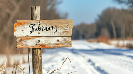 雪が積もる街道にある「February」と書いてある木の板の看板、2月、背景街道のボケ