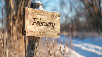 雪が積もる街道にある「February」と書いてある木の板の看板、2月 - obrazy, fototapety, plakaty