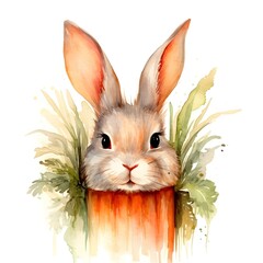 WATERCOLOR image of cute BABY bunny, smiling hiding behind massive carrot, WHITE BACKGROUND, 4K HD,...