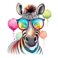 please create watercolor clipart of a zebra, smiling, wearing party prop glasses, colorful - obrazy, fototapety, plakaty