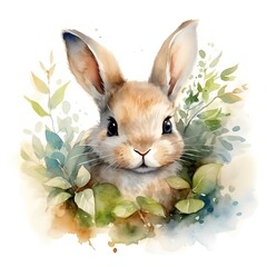 WATERCOLOR image of cute BABY bunny with beautiful big shining eyes, smiling, peeping out of a...