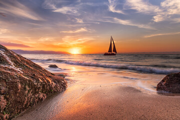 Sailboat Sunset Beach Ocean Boat Sailing Seascape Inspirational Sunrise Scenic - obrazy, fototapety, plakaty