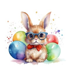 WATERCOLOR image of cute BABY bunny with beautiful big shining eyes, GLASSES, smiling, WITH PARTY...