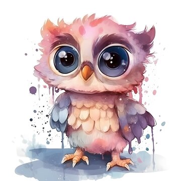 Cute oWL BABY, BEAUTIFUL big SHINING EYES ,HAPPY, dressed like dora the explorer , Watercolor Little Animals Clipart, COLORFUL