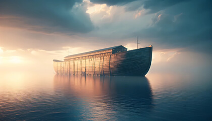 Majestic Noah's Ark Replica at Sunset on Serene Waters - obrazy, fototapety, plakaty