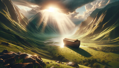 Noah's Ark on Mountain Valley - Divine Sunrise After the Great Flood - obrazy, fototapety, plakaty