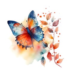 WATERCOLOR image of ADORABLE fantasy butterfly, leaves and branch, multi colorful , WHITE...