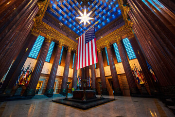 American Flag in Grand Hall with State Banners, Low Angle View