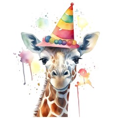 please create watercolor clipart of a giraffe, smiling, wearing party prop mask and hat, colorful - obrazy, fototapety, plakaty