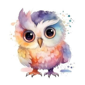 BACK VIEW Cute oWL BABY, BEAUTIFUL SHINING EYES HAPPY, HEAD TWISTED FACING CAMERA, Watercolor Little Animals Clipart, COLORFUL