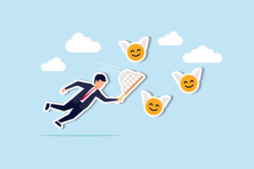 Fototapeta premium Pursuit of happiness, finding true life success, positive thinking or optimistic, feeling bless, humor or joyful concept, cheerful man catch smiling face with butterfly net metaphor of happiness.