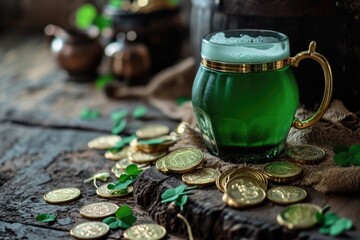 Obraz na płótnie Canvas Happy St Patrick`s Day concept with cauldron of gold coins and Green beer pint. Patricks day shamrock clover, golden coins and green shamrock clover