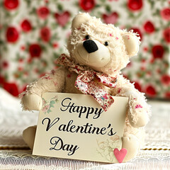 Charming Plush Teddy Bear Holding a Happy Valentines Day Message