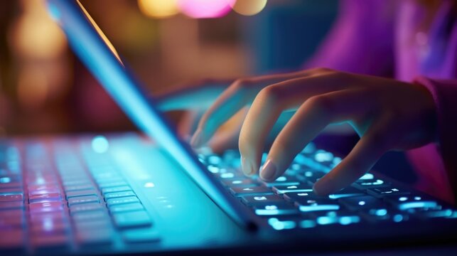 Closeup of a teens hand typing on a virtual keyboard on a tablet.