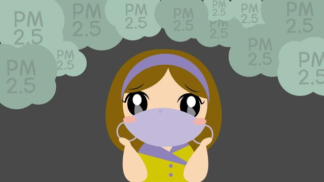 Girl wearing mask with air pollution environment