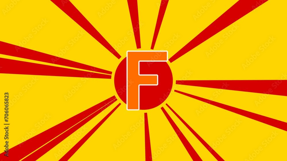 Poster capital letter f symbol on the background of animation from moving rays of the sun. large orange sym