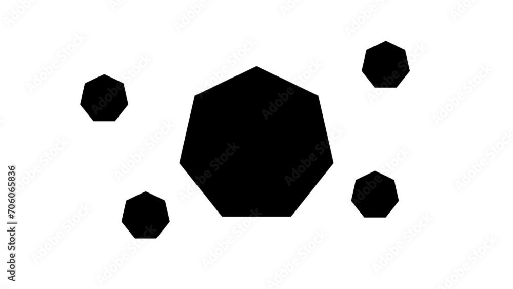 Poster zoom in and out animation the heptagon symbol. large black symbol in the center and four small symbo