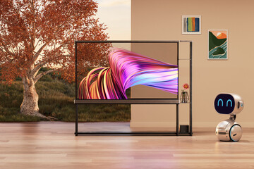 A transparent OLED TV in a modern futuristic Home interior with cute Robot - 3D Render - obrazy, fototapety, plakaty