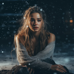 Beautiful woman in the dark room with falling snow