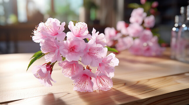 pink flowers on wooden table