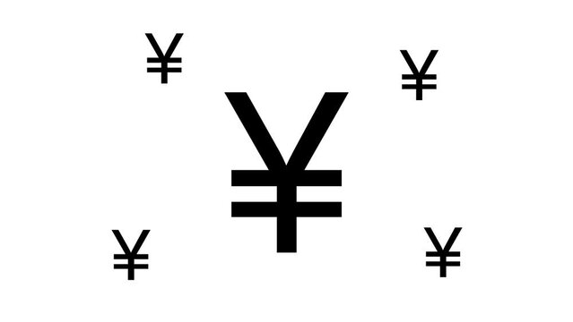 Zoom in and out animation the yuan symbol. Large black symbol in the center and four small symbols around. Seamless looped 4k animation on white background