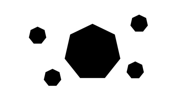 Zoom in and out animation the heptagon symbol. Large black symbol in the center and four small symbols around. Seamless looped 4k animation on white background