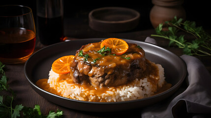 Osso Buco alla Milanese, Italian cuisine, grilled fresh crosscut  making Osso Buco on meat, garnish with carrot and coriander in white plate, Closeup on aesthetic background

